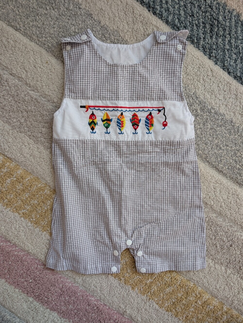 3-6 Month Baby Boy Embroidered Fishing Gingham Fish Baby Romper Shortalls